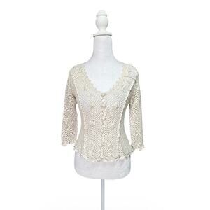 Linea Domani Womens Crochet Open Knit Cardigan Boho Cottage Linen Blend Sz S/P